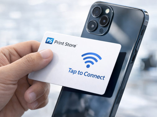 Hand tapping an NFC-enabled business card with a smartphone