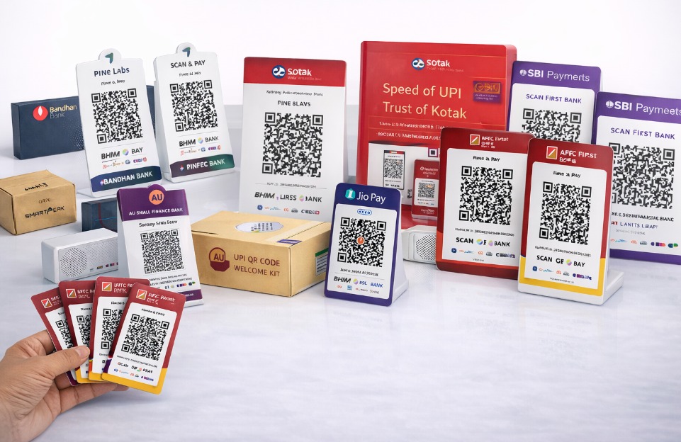 Merchant scanning UPI QR and using a payment soundbox at checkout counter